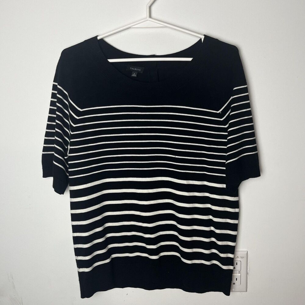 Talbots Sweater Womens Medium Black White Striped Short Sleeve Button Back